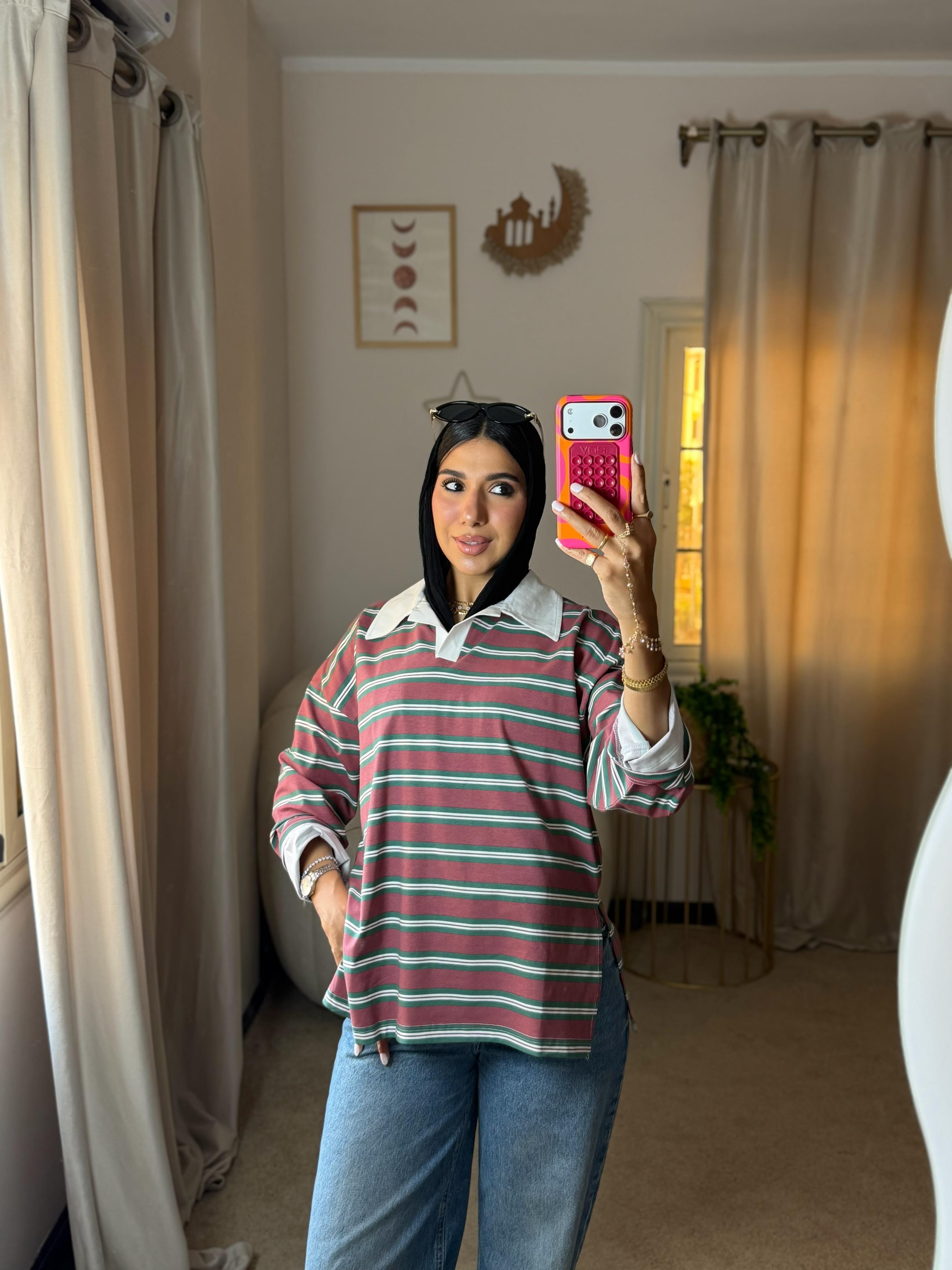 Striped Oversized T-Shirt - Maroon