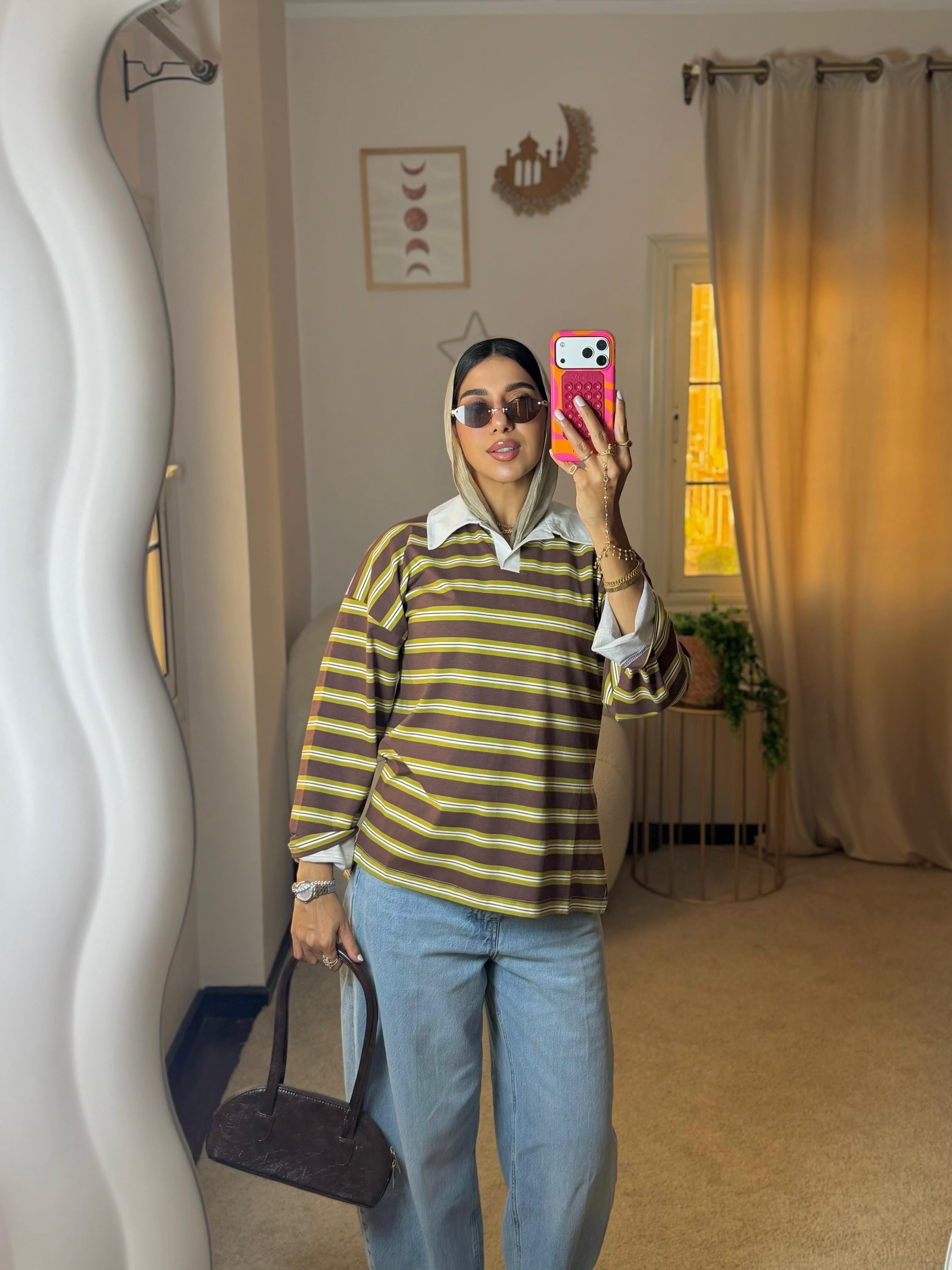 Striped Oversized T-Shirt - Brown