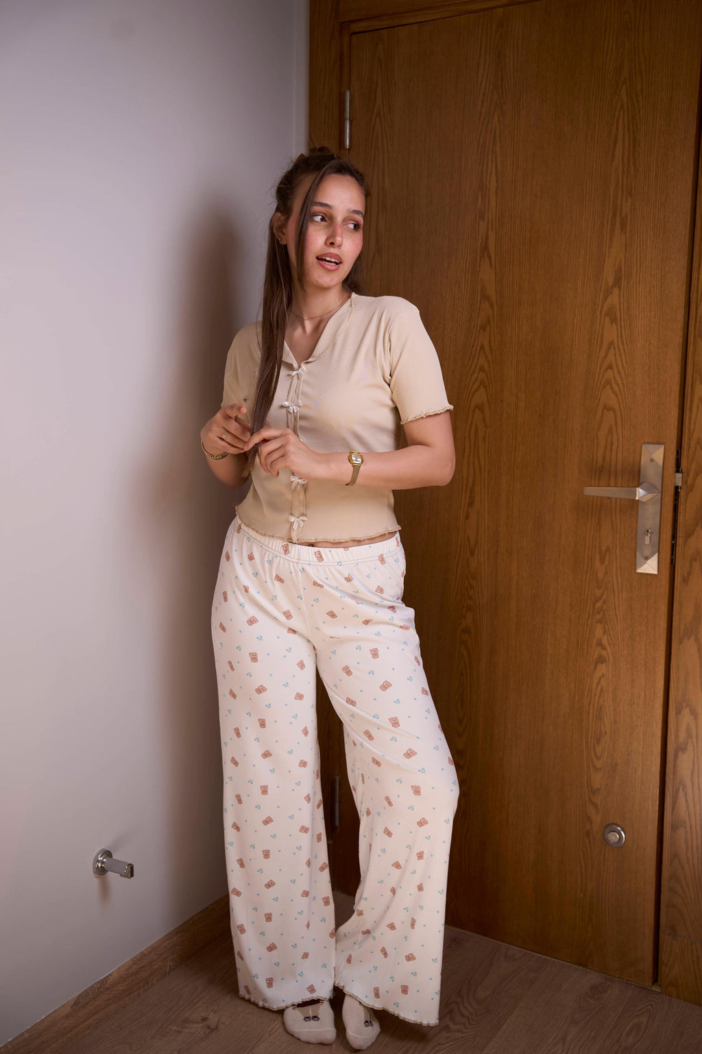 Beige Bow Pajama Set