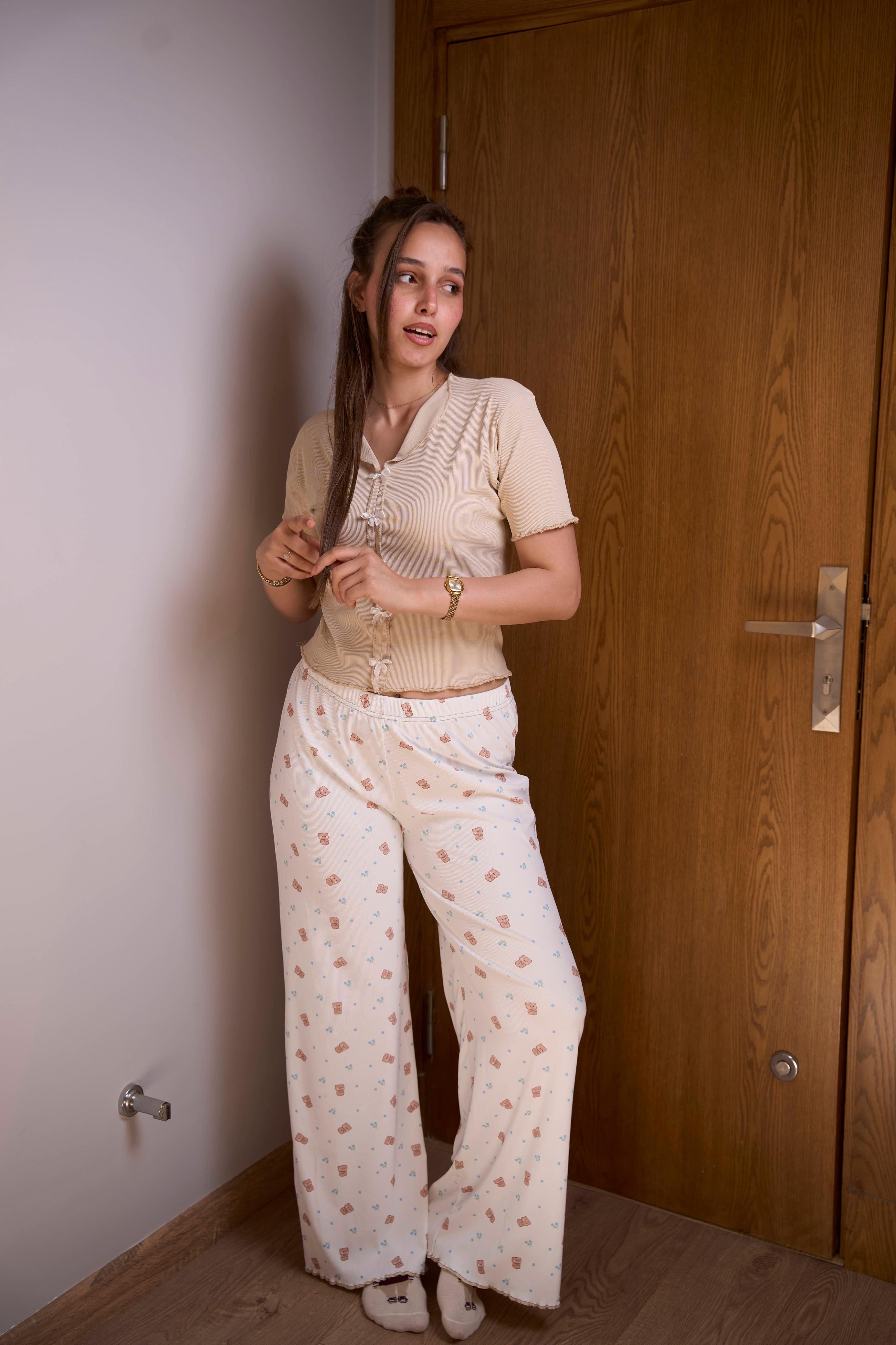 Beige Bow Pajama Set