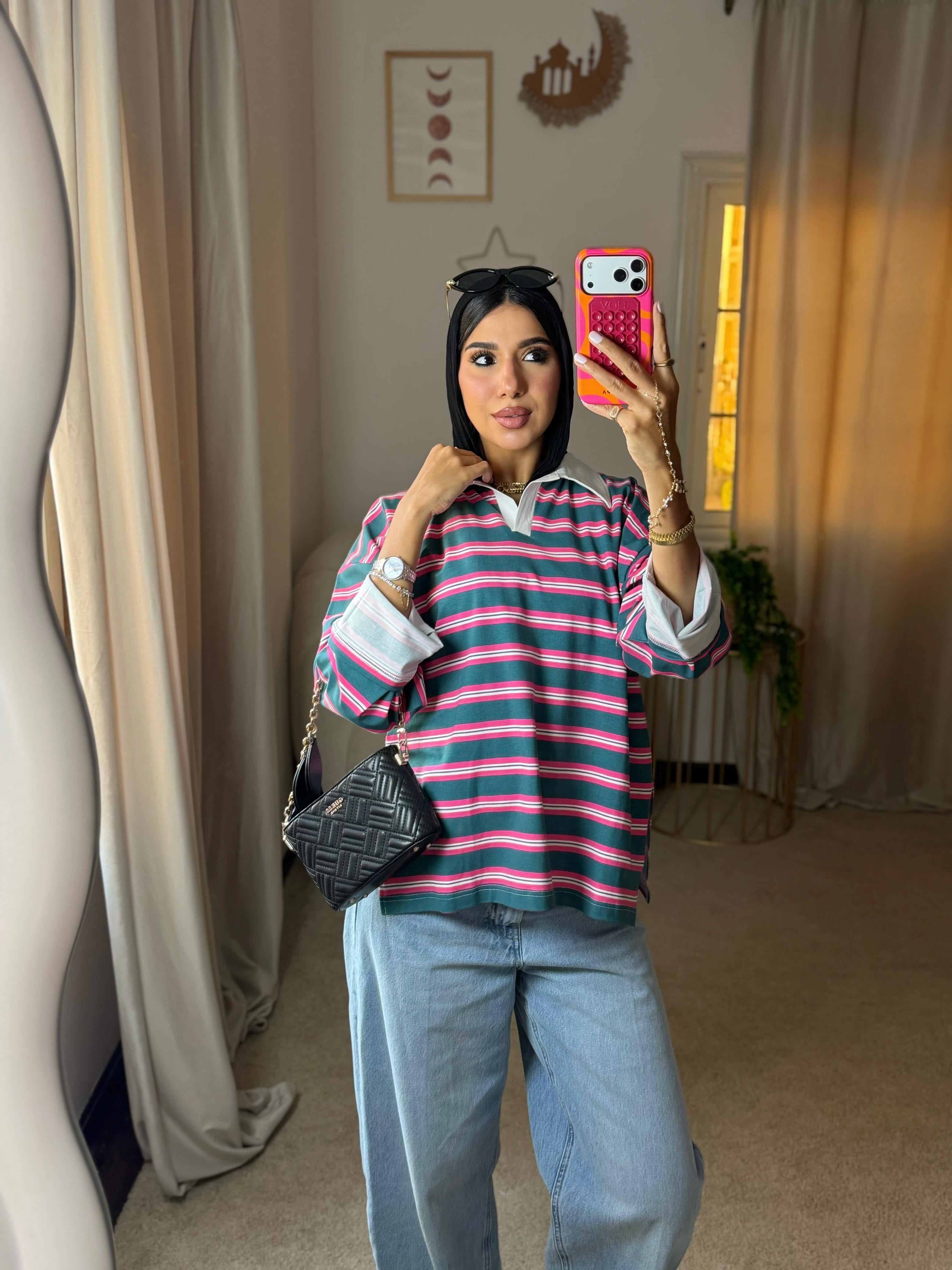 Striped Oversized T-Shirt - Hot Pink