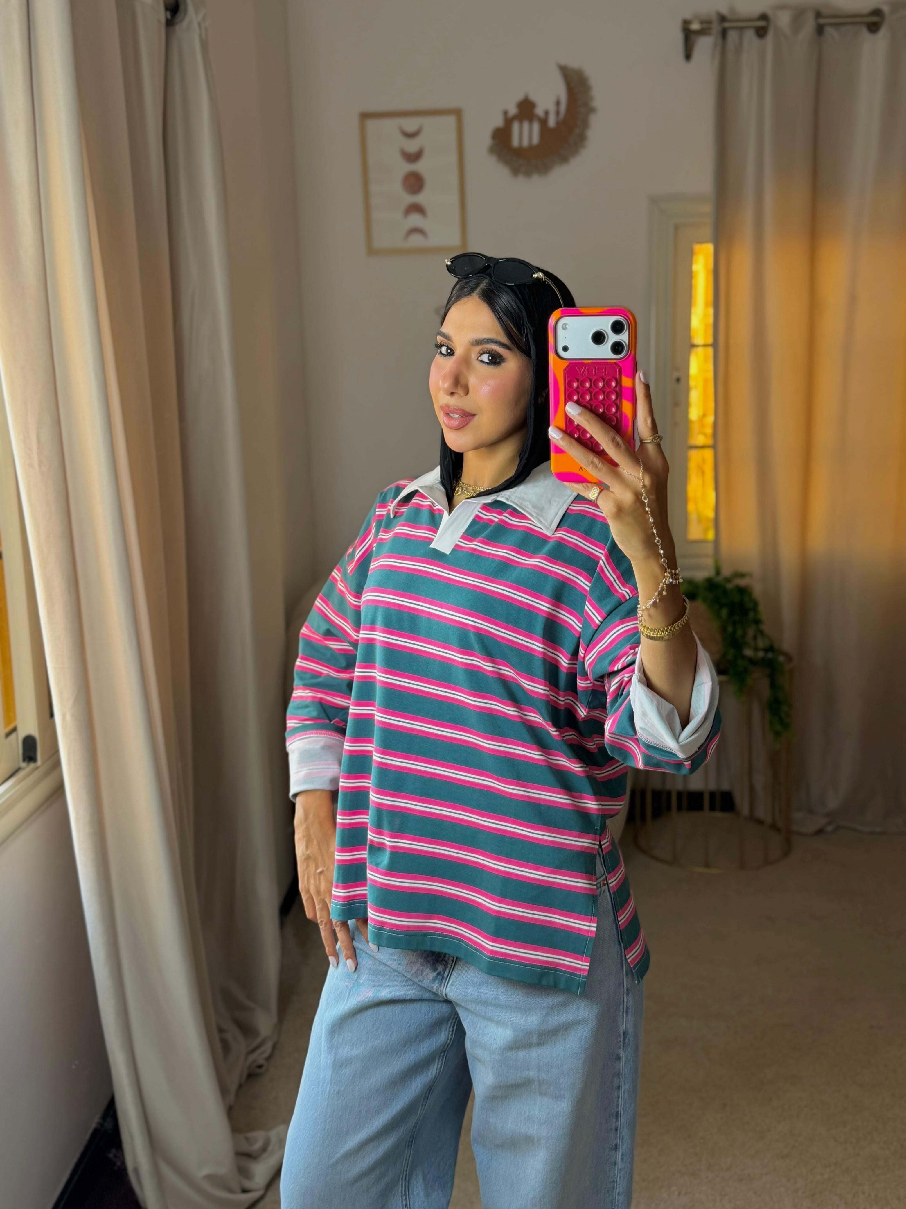 Striped Oversized T-Shirt - Hot Pink