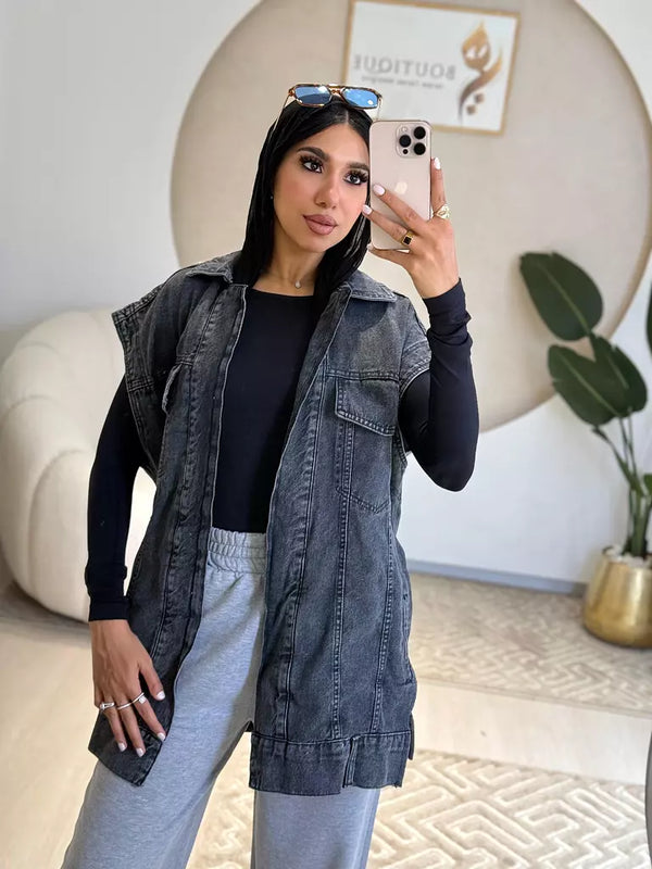 Grey Vest Denim Long Jacket