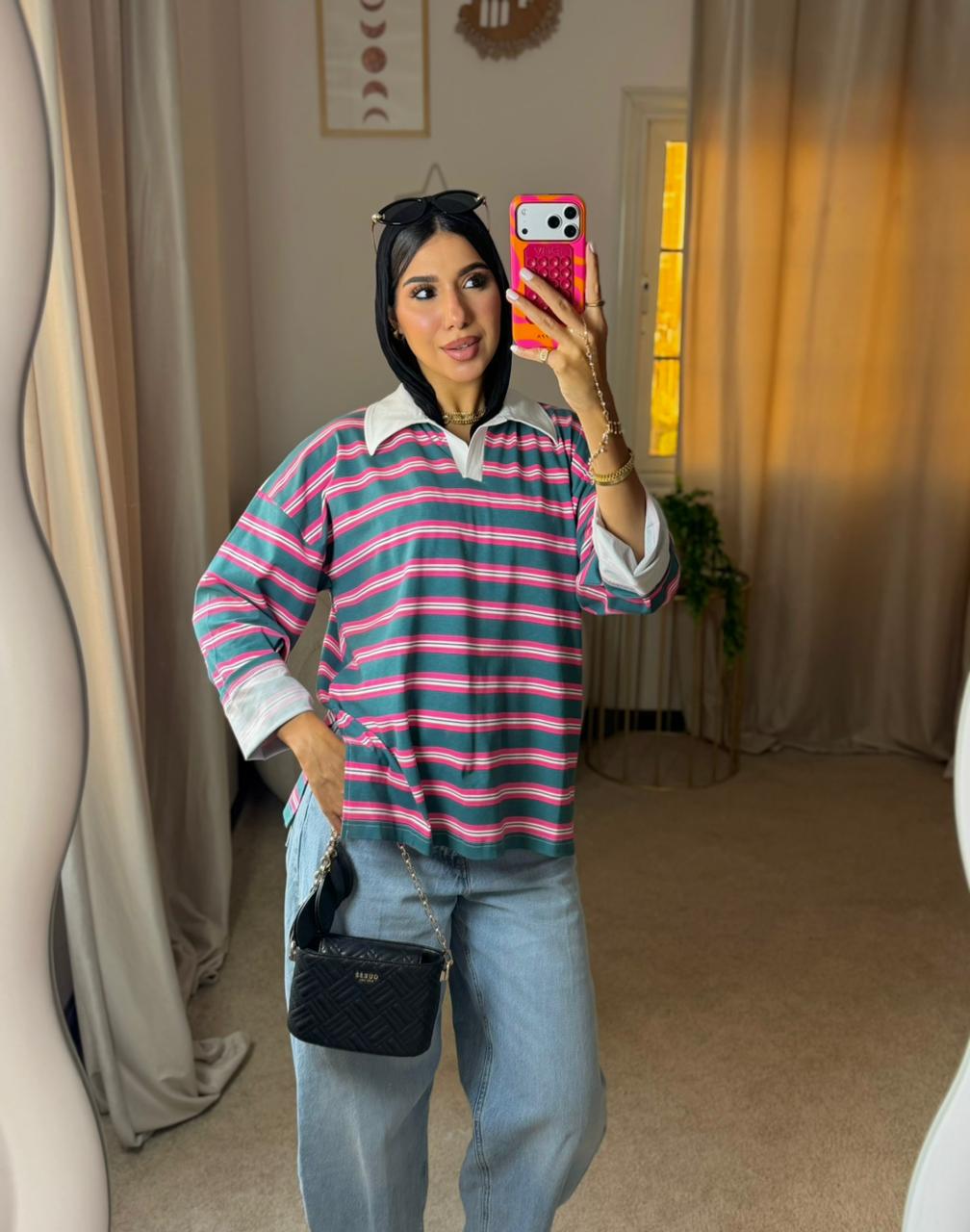Striped Oversized T-Shirt - Hot Pink