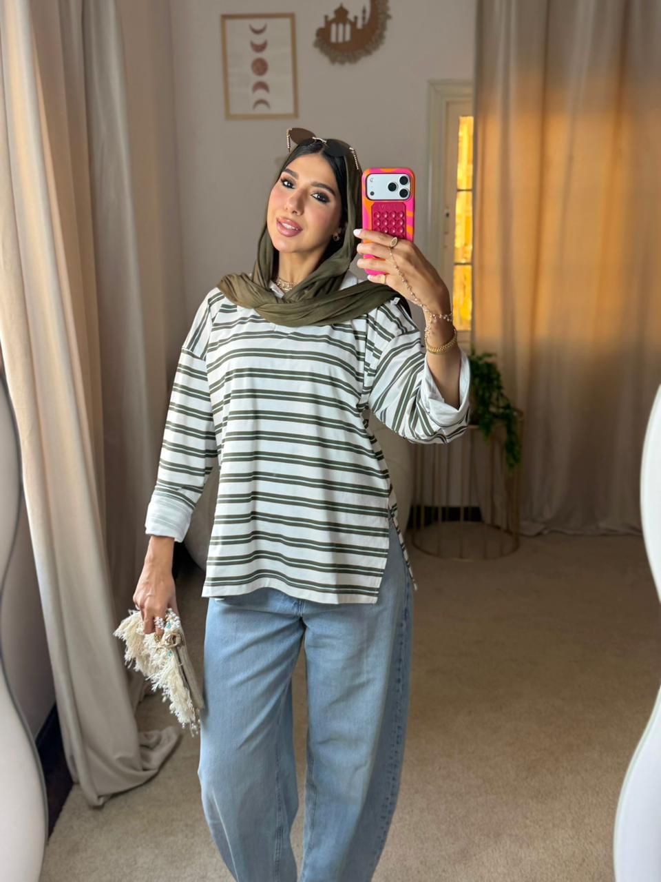 Striped Oversized T-Shirt - White X Olive