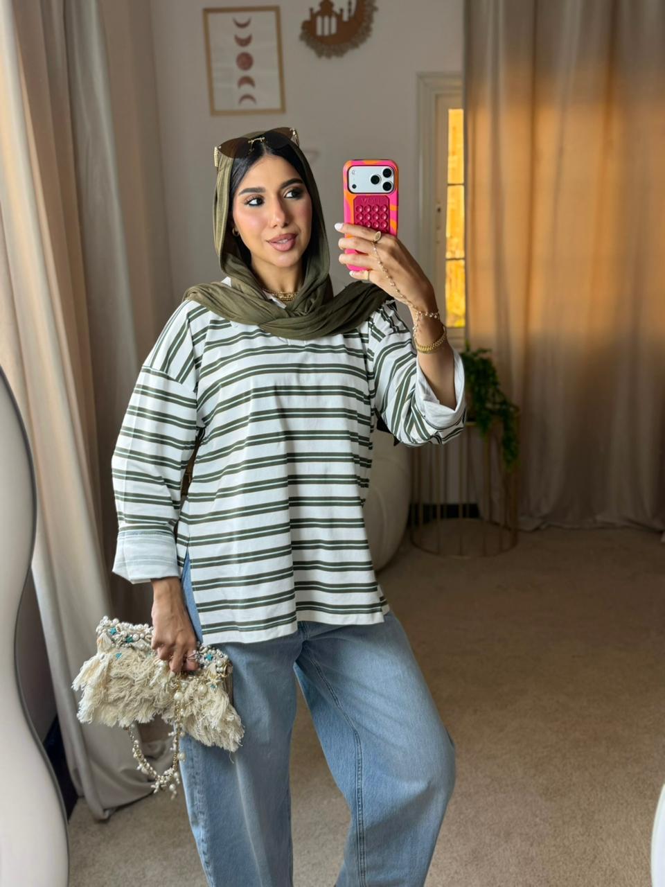 Striped Oversized T-Shirt - White X Olive