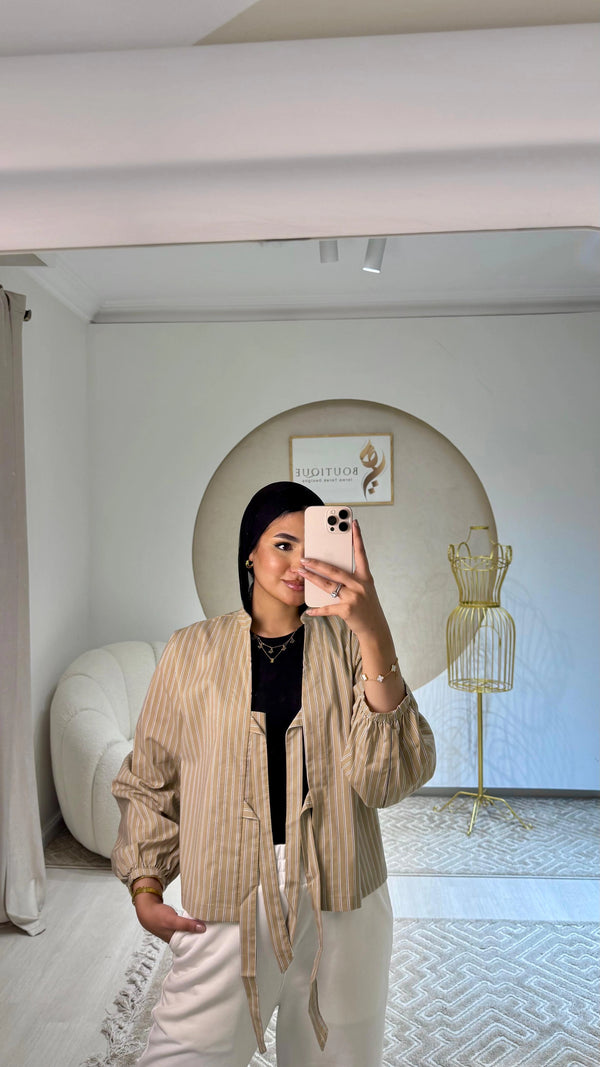 Cropped Striped Shirt Beige